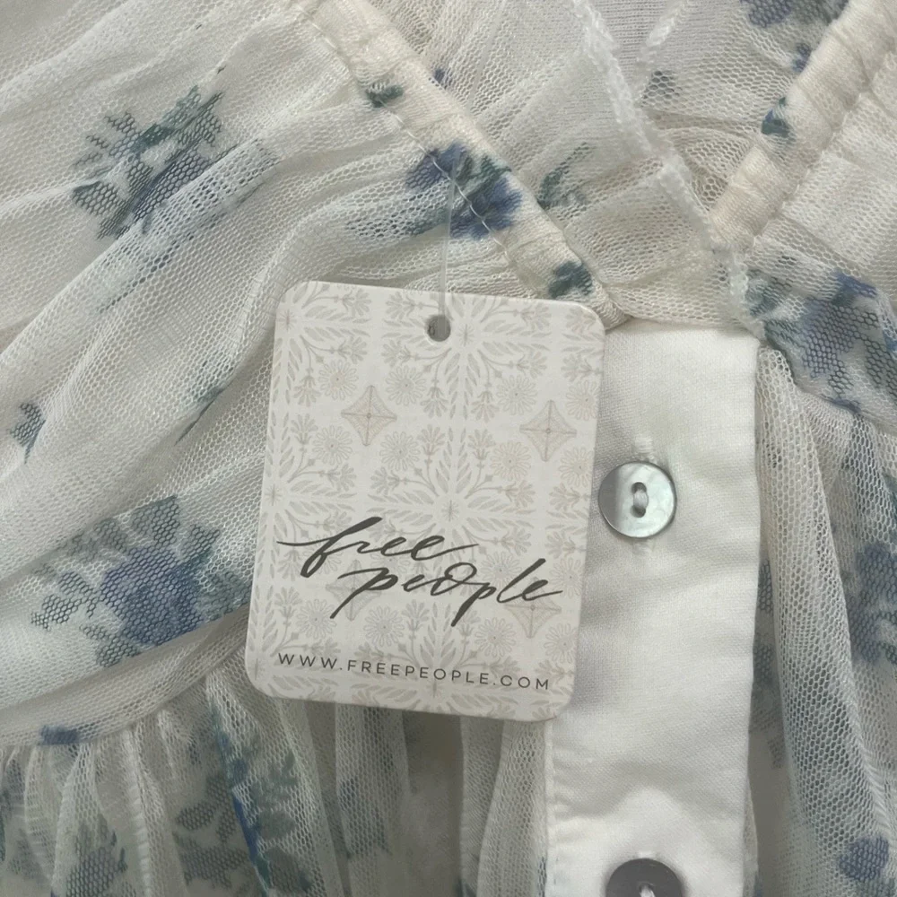 Free People White Sheer Floral Ruffle Button-Front Tank Top